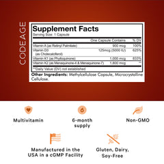 Close-up of Codeage ADK capsule highlighting vitamin A and D3 ingredients.