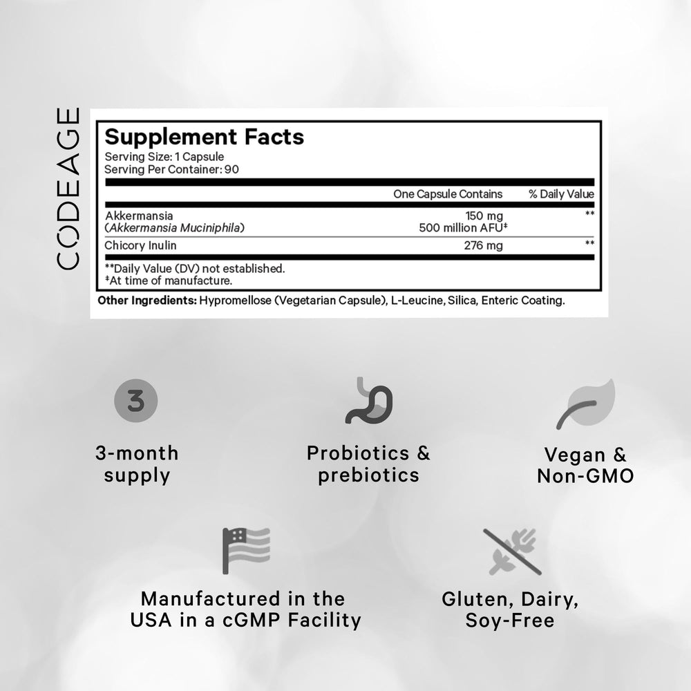 Closeup of Codeage Akkermansia Muciniphila Ultra capsules for easy swallowing