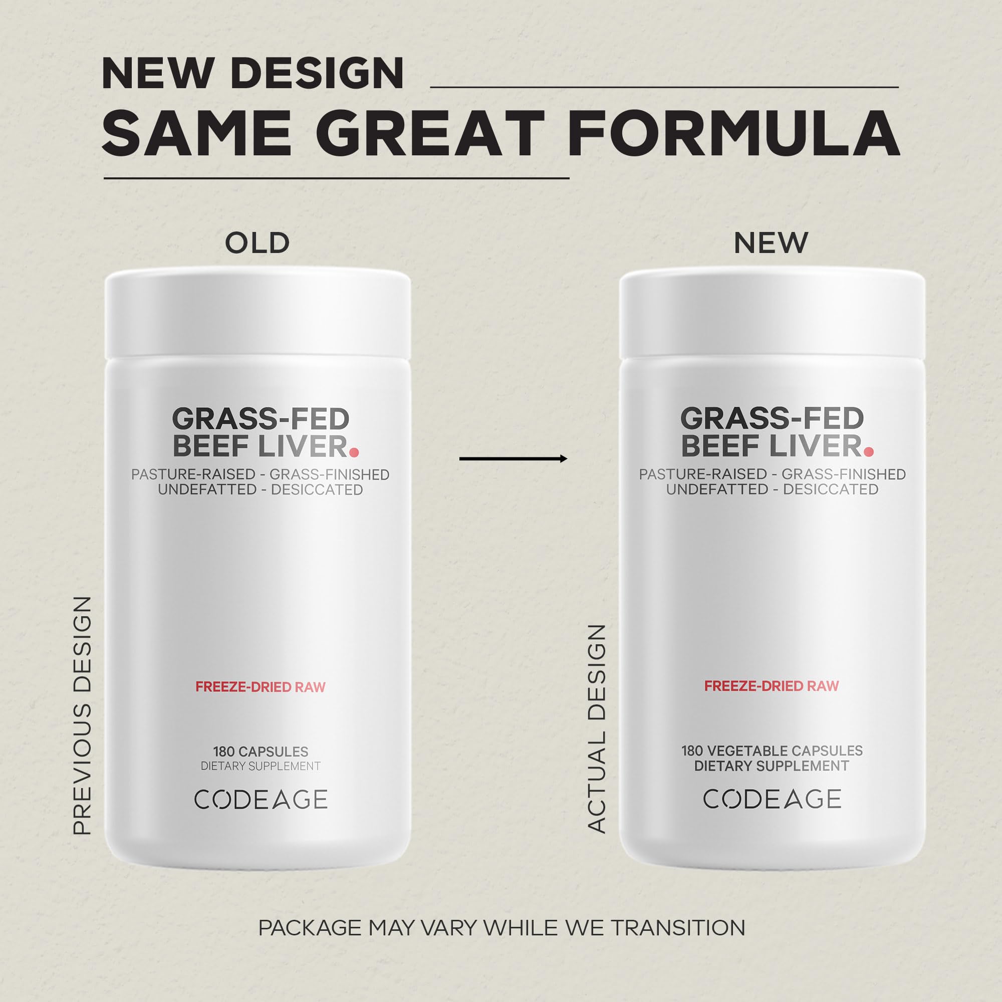 Codeage beef liver capsules emphasize non-GMO, hormone-free formulation for peace of mind.