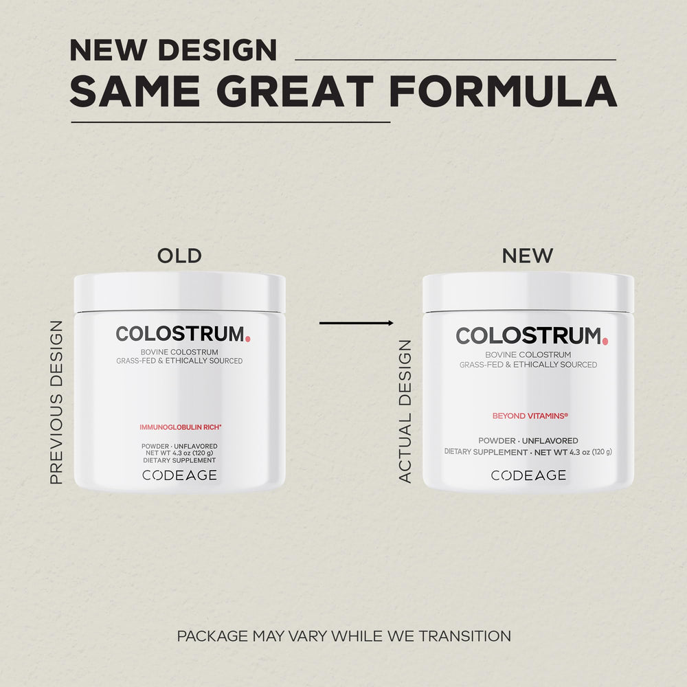 Close-up of Codeage label; grass-fed colostrum from grade-A US dairy farms.