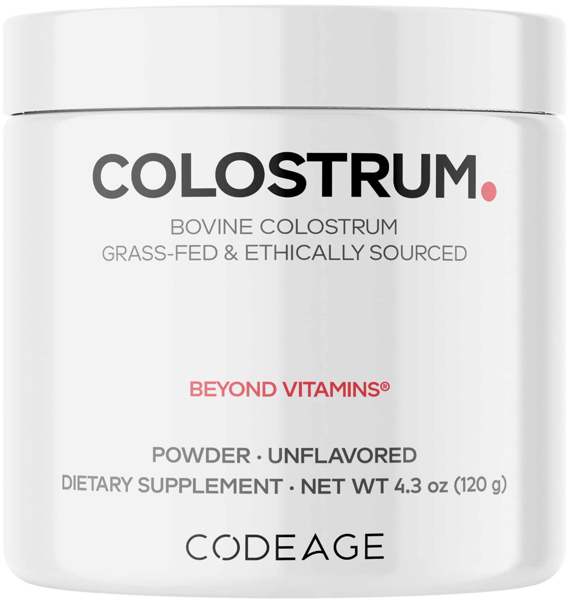 Codeage Bovine Colostrum bottle; unflavored powder easy to mix into beverages.