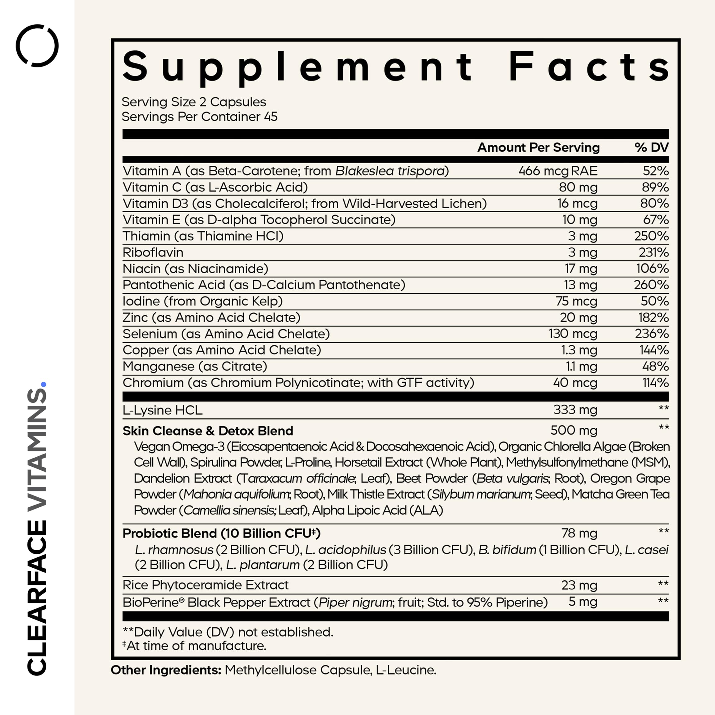 Codeage Clearface bottle back label details ingredients and usage.