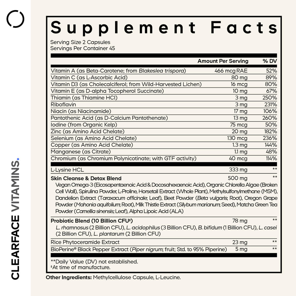 Codeage Clearface bottle back label details ingredients and usage.