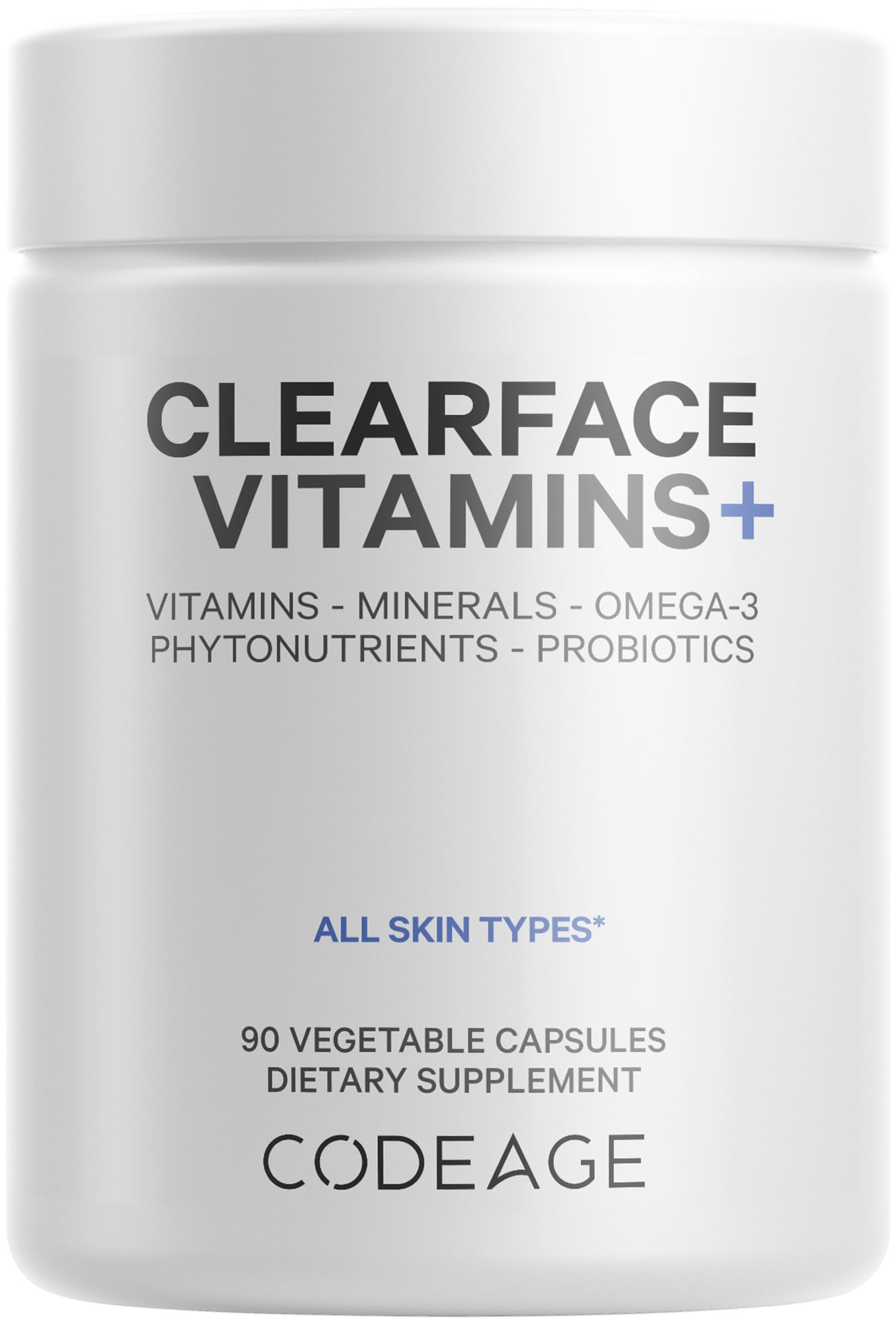 Codeage Clearface bottle front for comprehensive daily skin support.