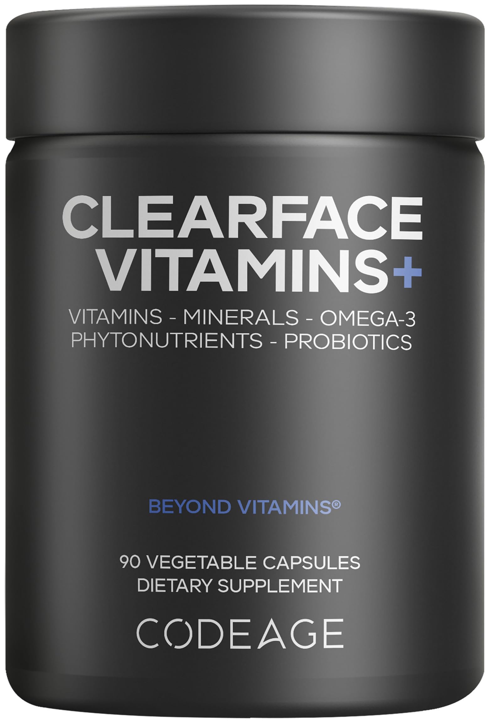 Codeage Clearface bottle front with capsules for daily skin nutrition.