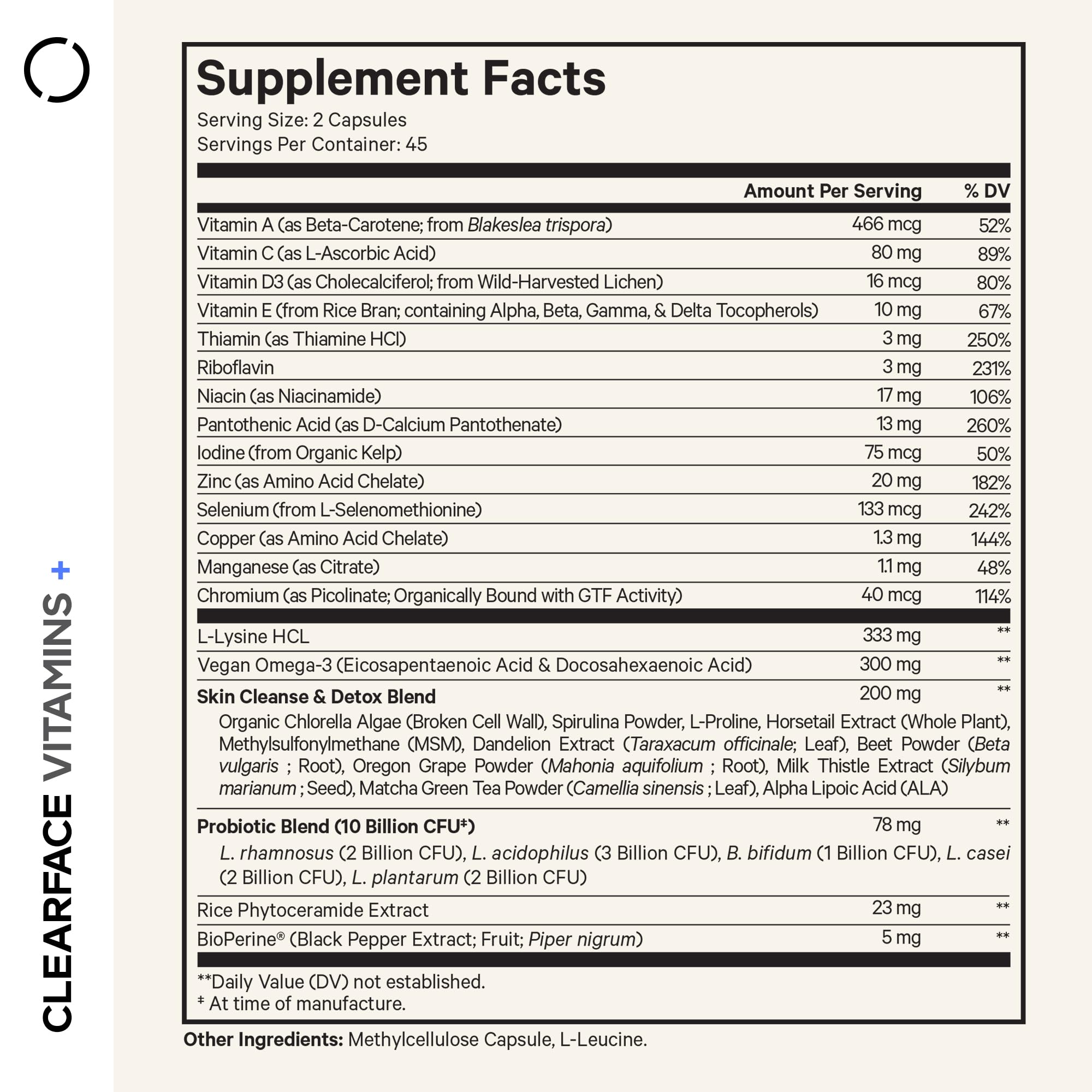 Codeage Clearface bottle label highlights vitamins A, C, D3 for skin vitality.