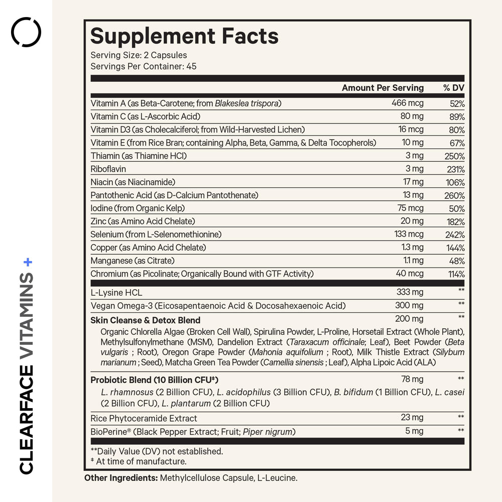 Codeage Clearface bottle label highlights vitamins A, C, D3 for skin vitality.