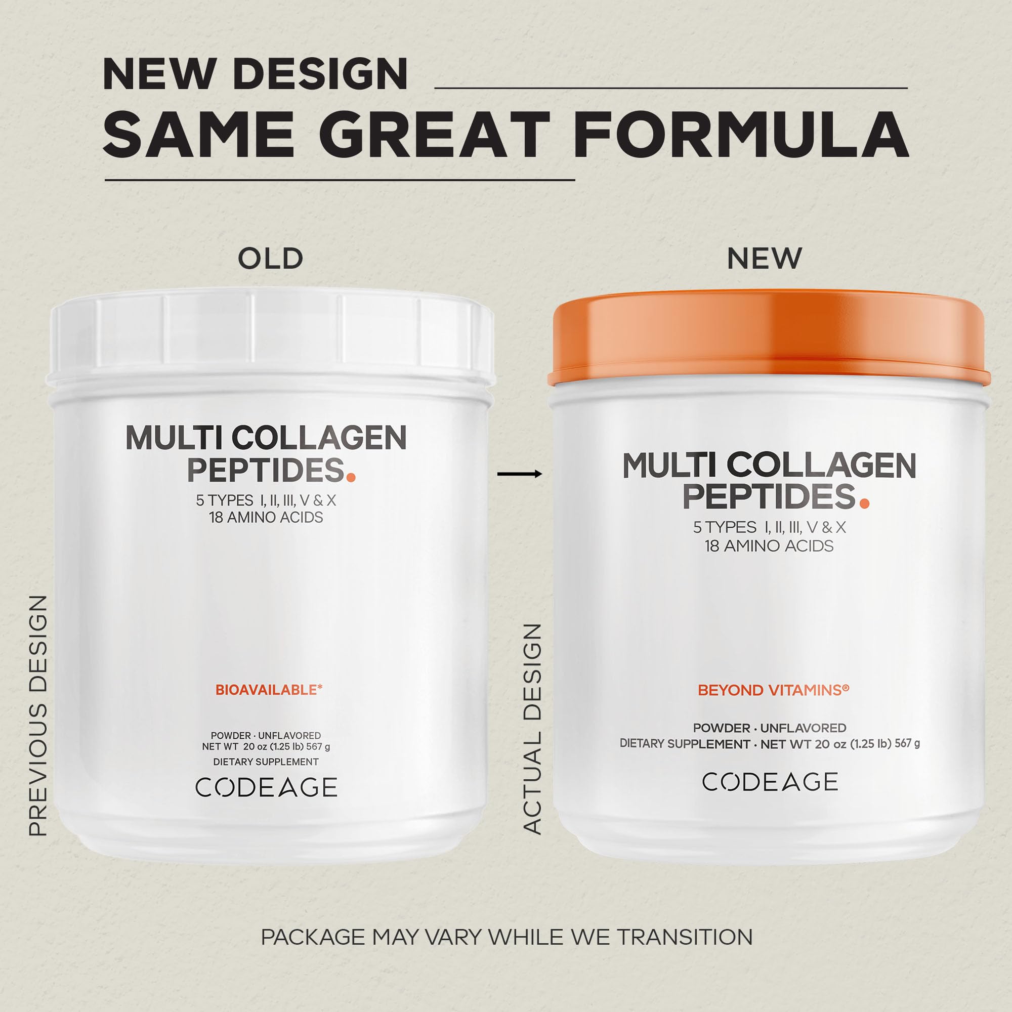 Codeage collagen scoop beside the powder for easy measuring.