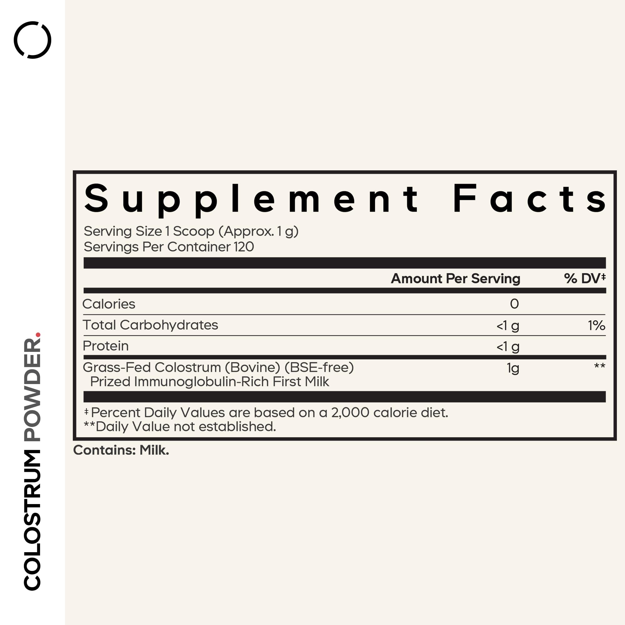 Codeage Colostrum tub with scoop; shows 120 servings for multi-month supply.