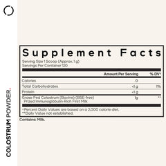 Codeage Colostrum tub with scoop; shows 120 servings for multi-month supply.