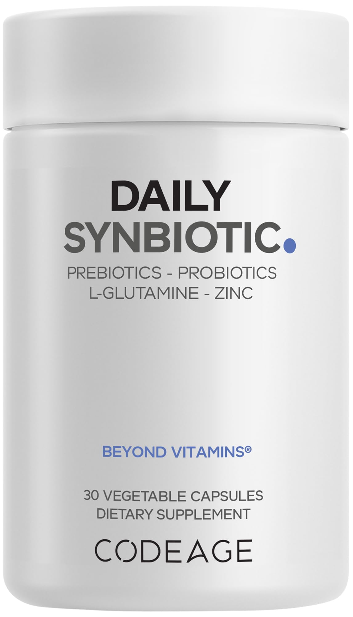 Codeage Daily Synbiotic bottle and capsules on kitchen counter promote gut-friendly daily routine.