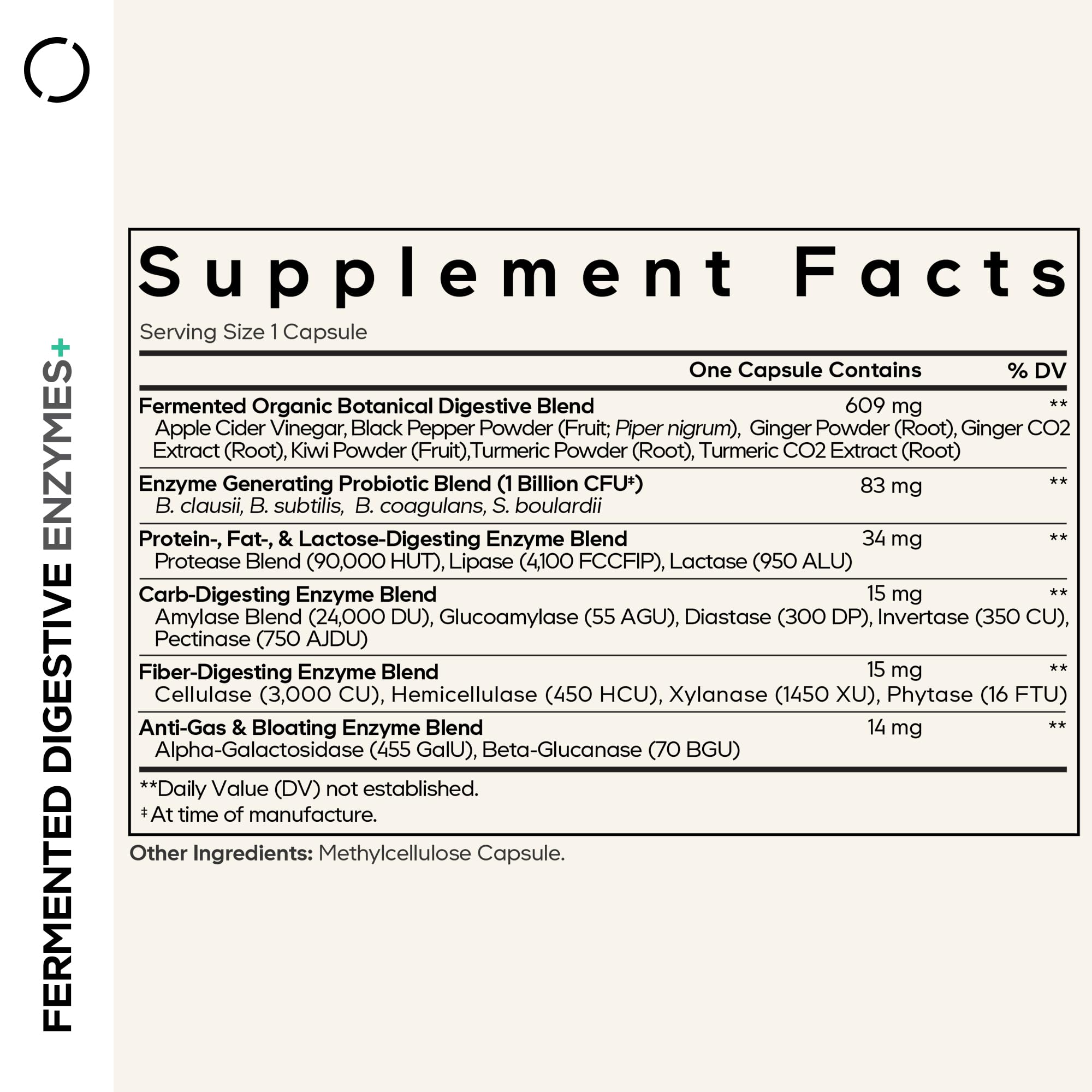 Codeage Fermented Digestive Enzymes label highlights enzyme and probiotic synergy