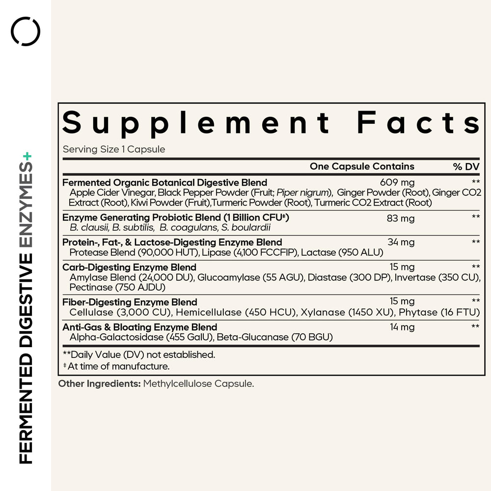 Codeage Fermented Digestive Enzymes label highlights enzyme and probiotic synergy