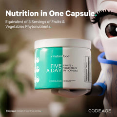 Codeage Five a Day packaging USA highlights vegan, non-GMO whole-food blend