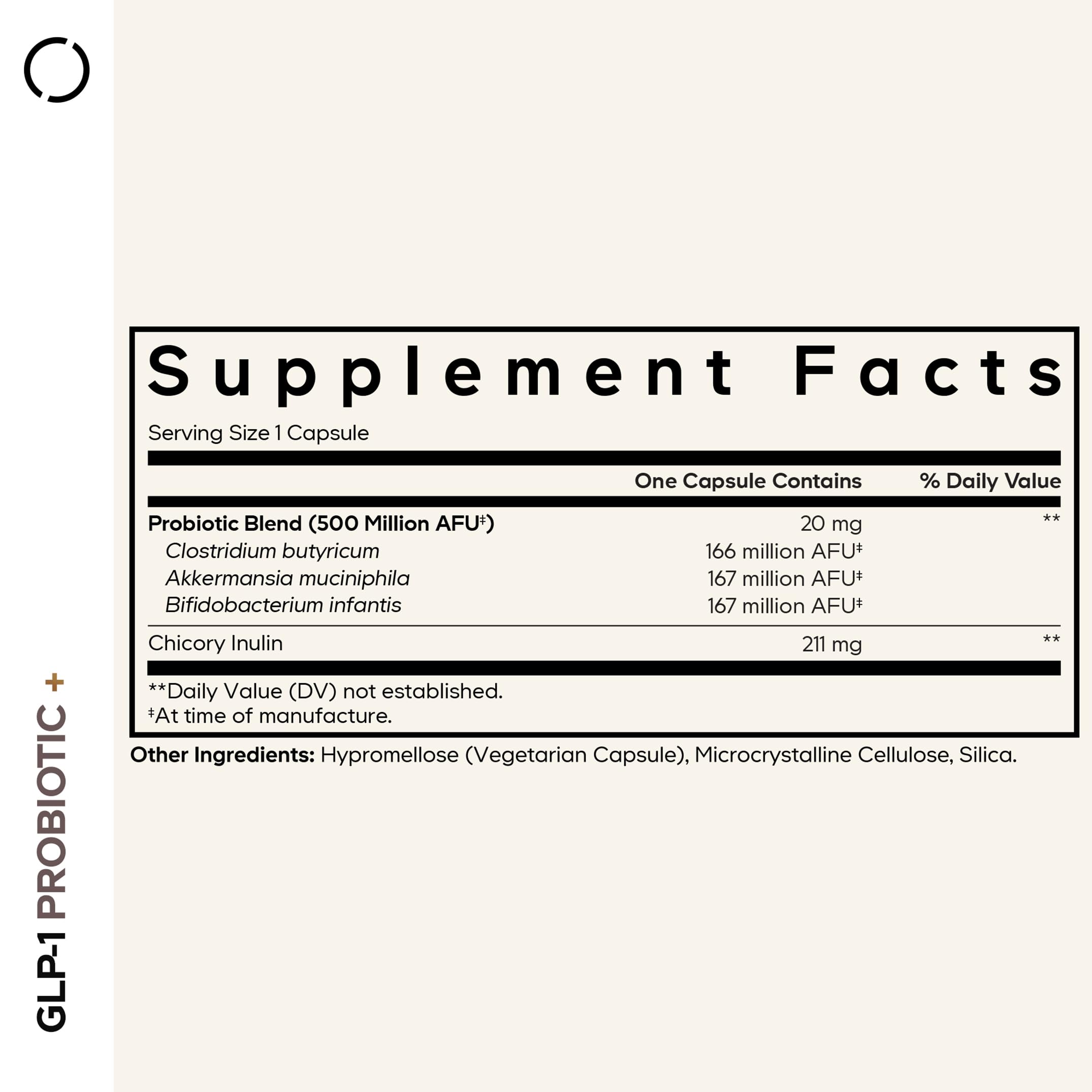 Codeage GLP-1 Probiotic+ bottle back label shows serving details for easy daily dosing