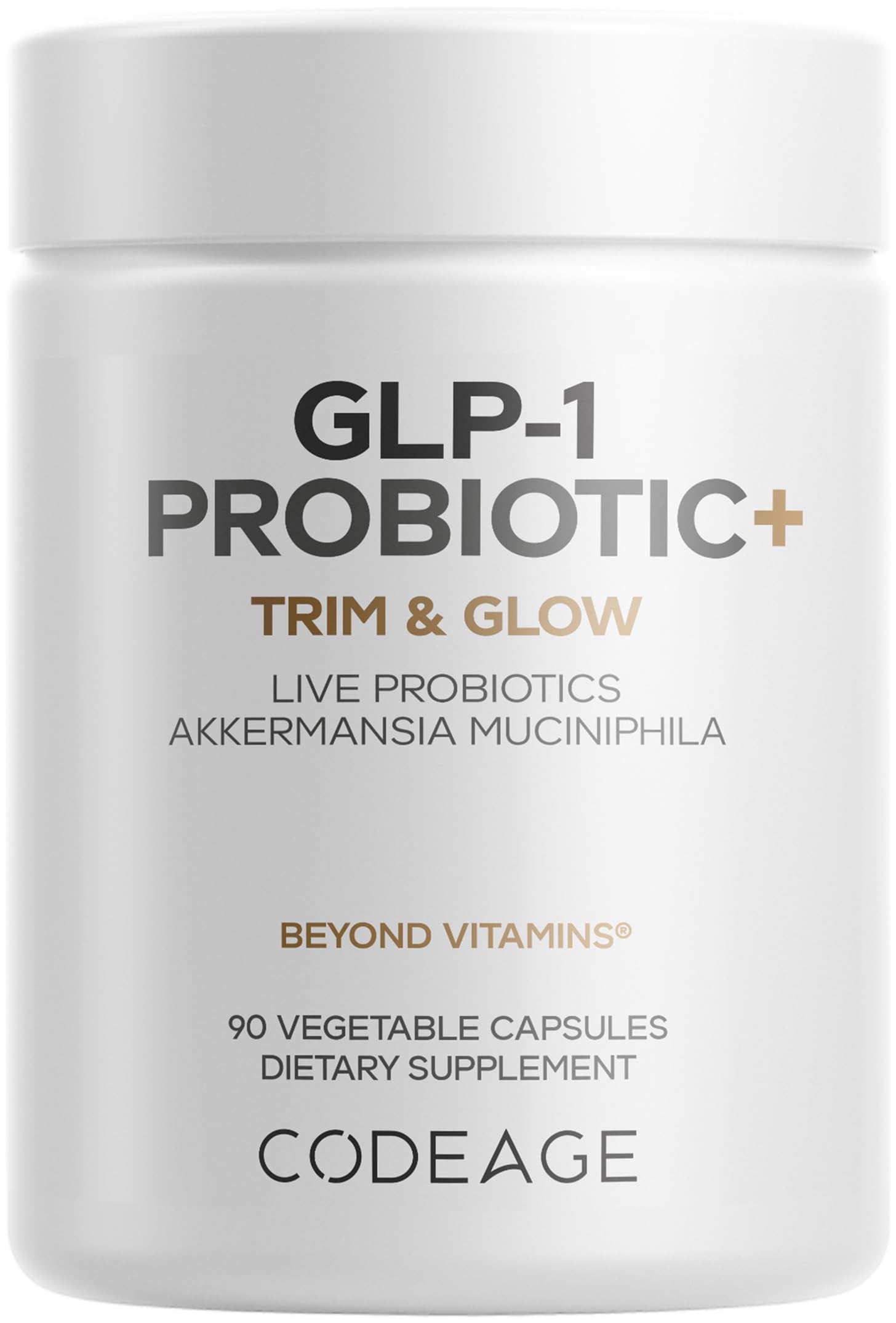 Codeage GLP-1 Probiotic+ bottle front promoting daily gut balance and convenient daily use