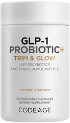 Codeage GLP-1 Probiotic+ bottle closeup promotes daily gut balance.