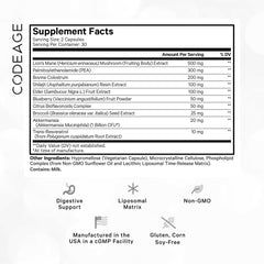 Codeage GLP-Harmony Companion+ bottle label closeup highlights non-GMO and allergen-free attributes.