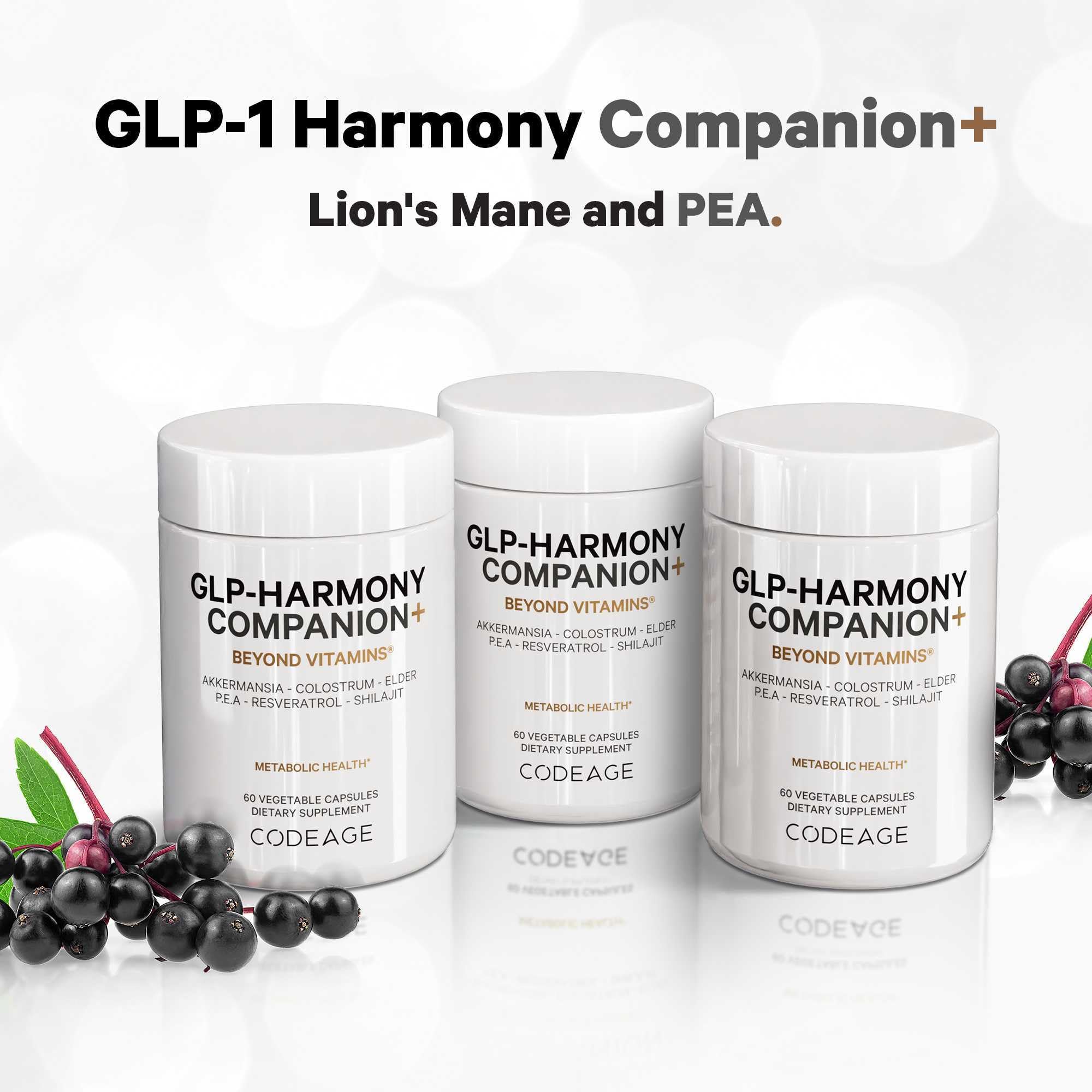 Codeage GLP-Harmony Companion+ ingredient scene showcases a broad botanical blend for wellness.