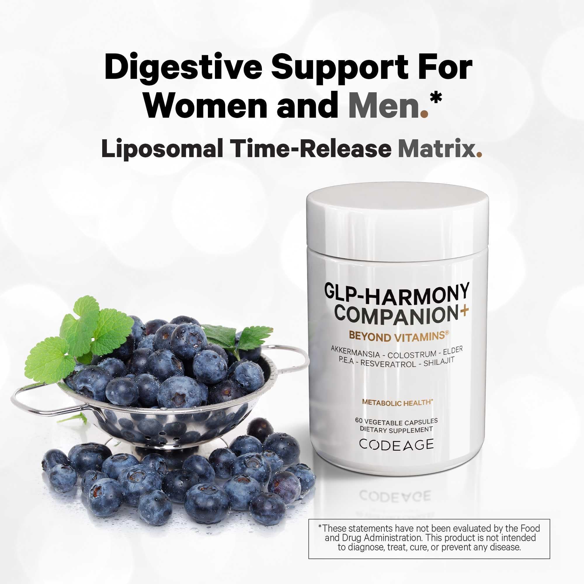 Codeage GLP-Harmony Companion+ packaging box emphasizes global sourcing and cGMP manufacturing.