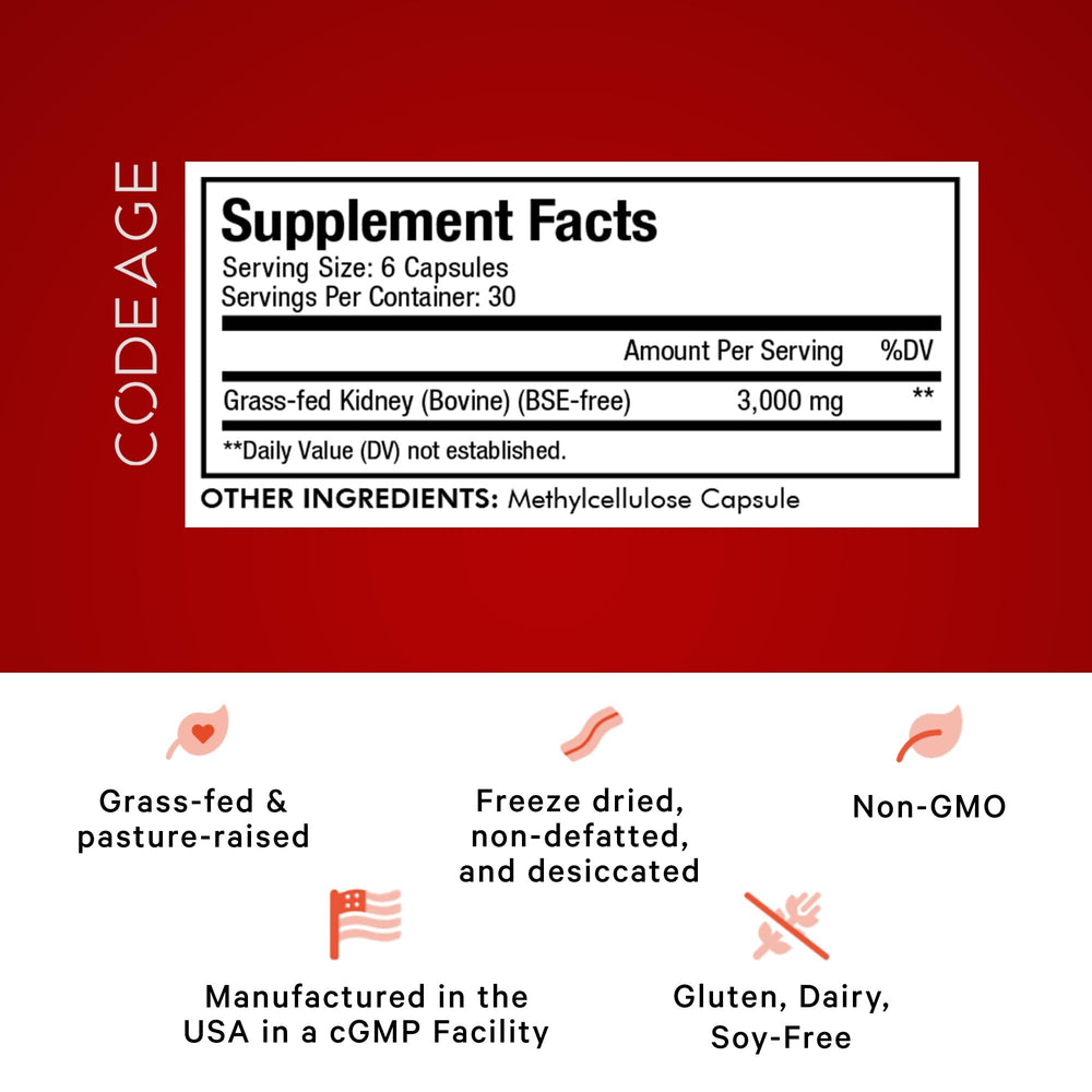Codeage Grass-Fed Beef Kidney bottle back with supplement facts for transparency