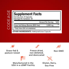 Codeage Grass-Fed Beef Kidney bottle back with supplement facts for transparency