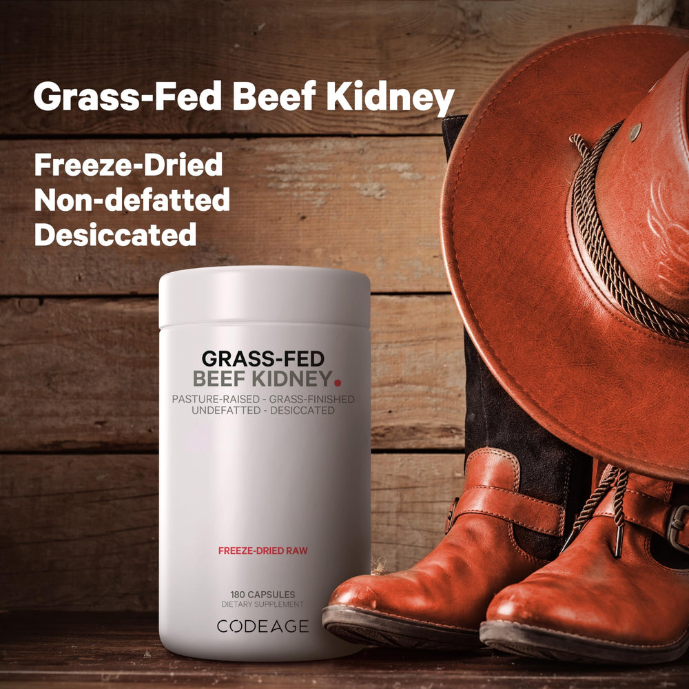 Codeage Grass-Fed Beef Kidney pills closeup in a compact desiccated form