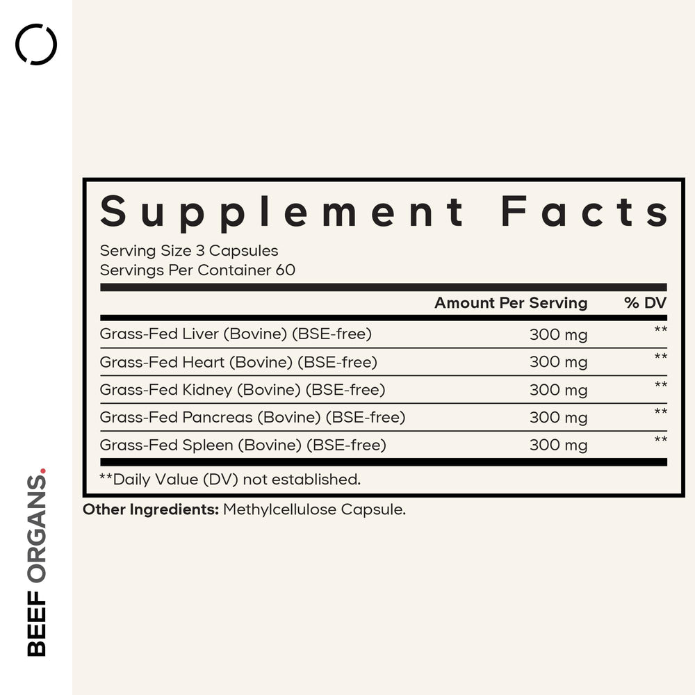 Codeage Grass-Fed Beef Organs heart capsule close-up, supporting daily wellness.