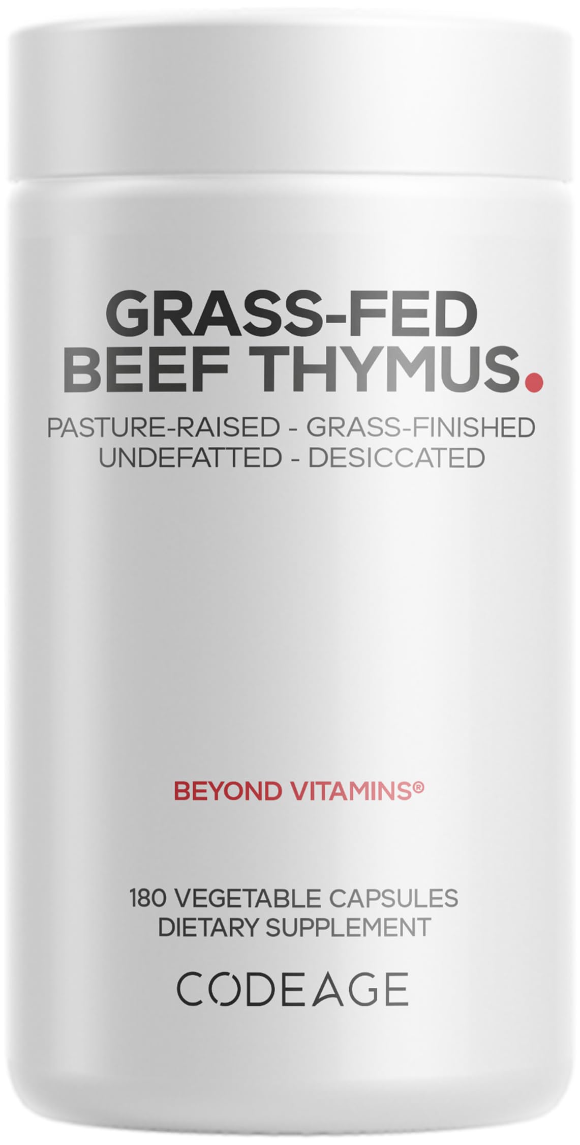 Codeage Grass-Fed Thymus bottle label highlighting pasture-raised source and premium quality.