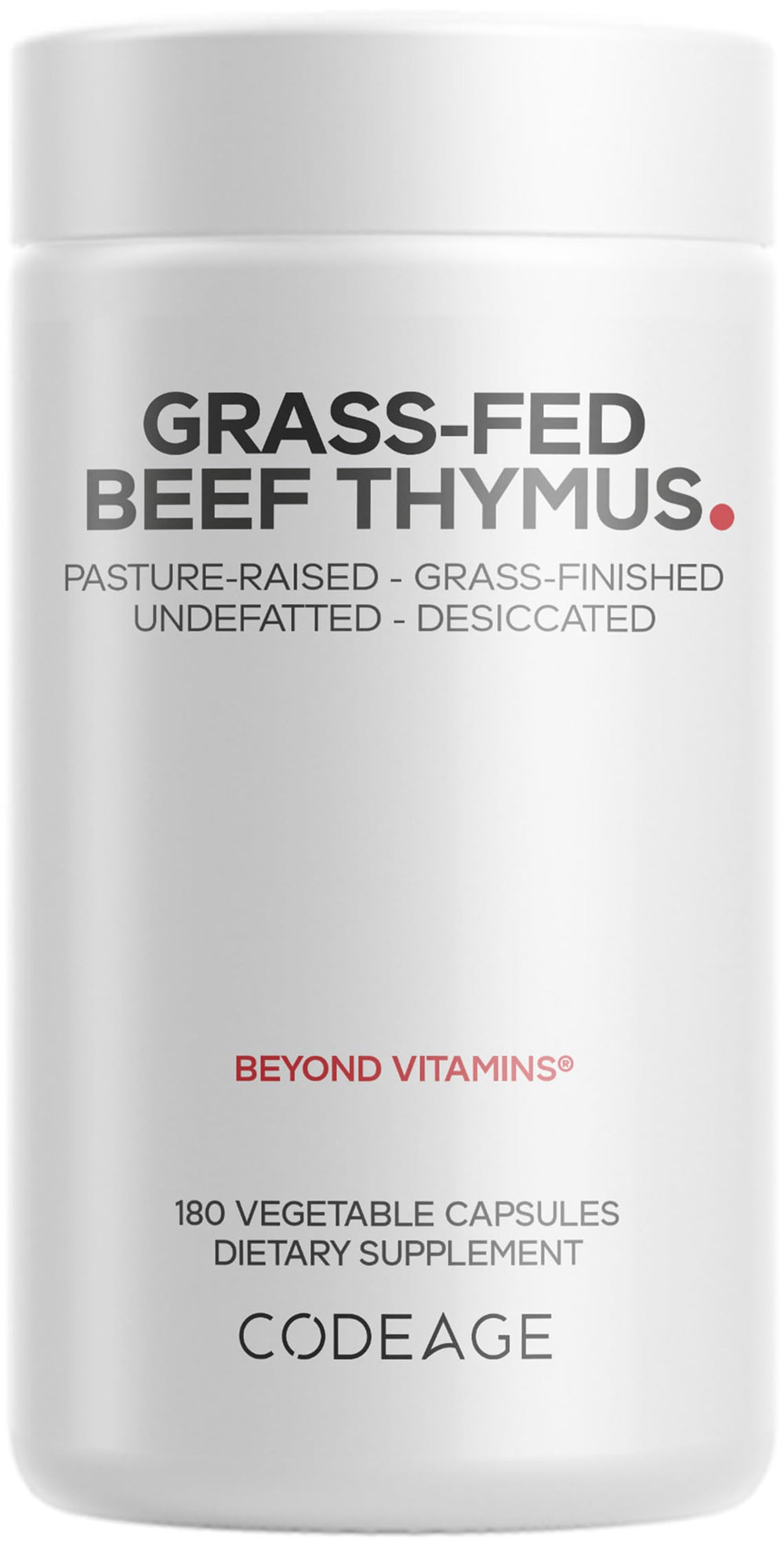 Codeage Grass-Fed Thymus bottle label highlighting pasture-raised source and premium quality.