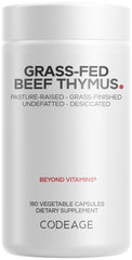 Codeage Grass-Fed Thymus bottle label highlighting pasture-raised source and premium quality.