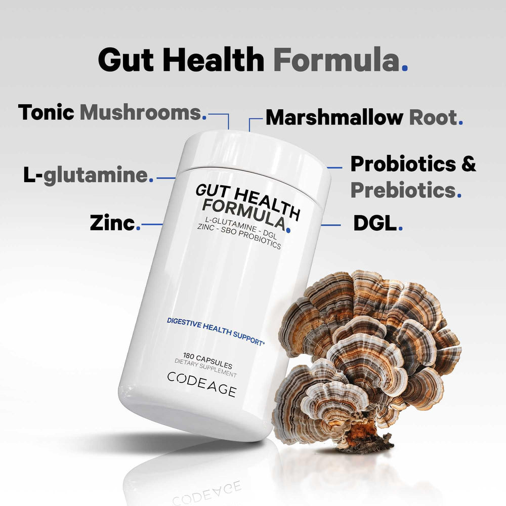 Codeage Turkey Tail Mushroom blend bottle highlighting digestive wellness support