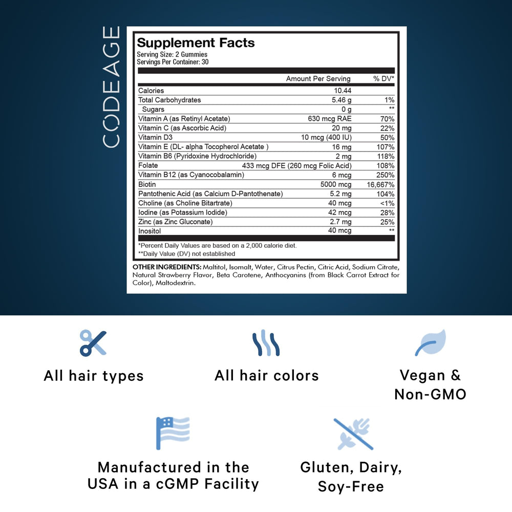 Codeage Hair Gummies close-up texture highlighting strawberry coconut flavor for daily use.