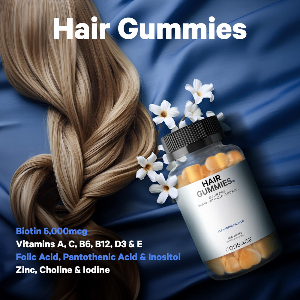 Codeage Hair Gummies label emphasizing biotin and vitamin blend.