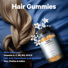 Codeage Hair Gummies label emphasizing biotin and vitamin blend.