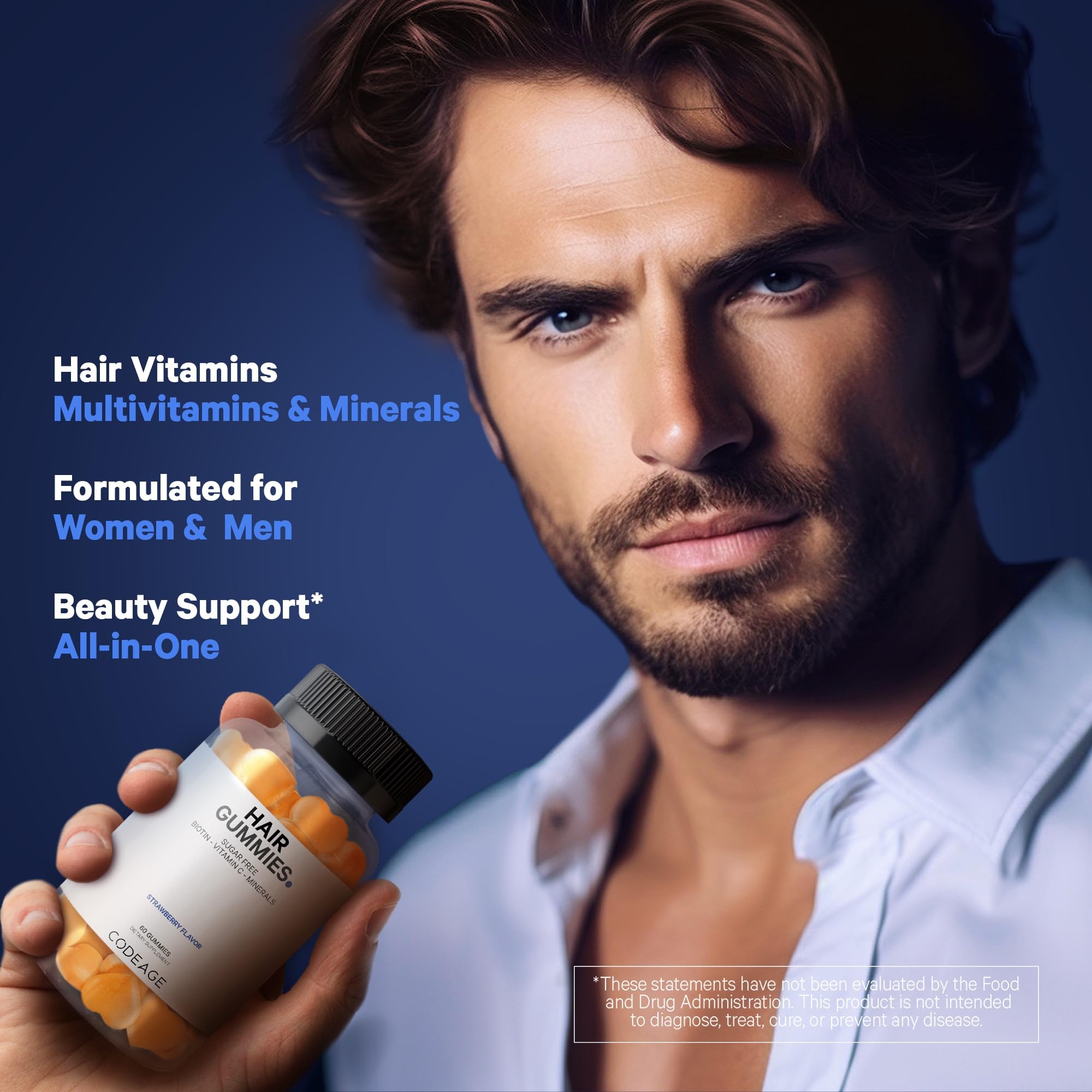 Codeage Hair Gummies vitamin icons show biotin, vitamins A, C, D3 and zinc.