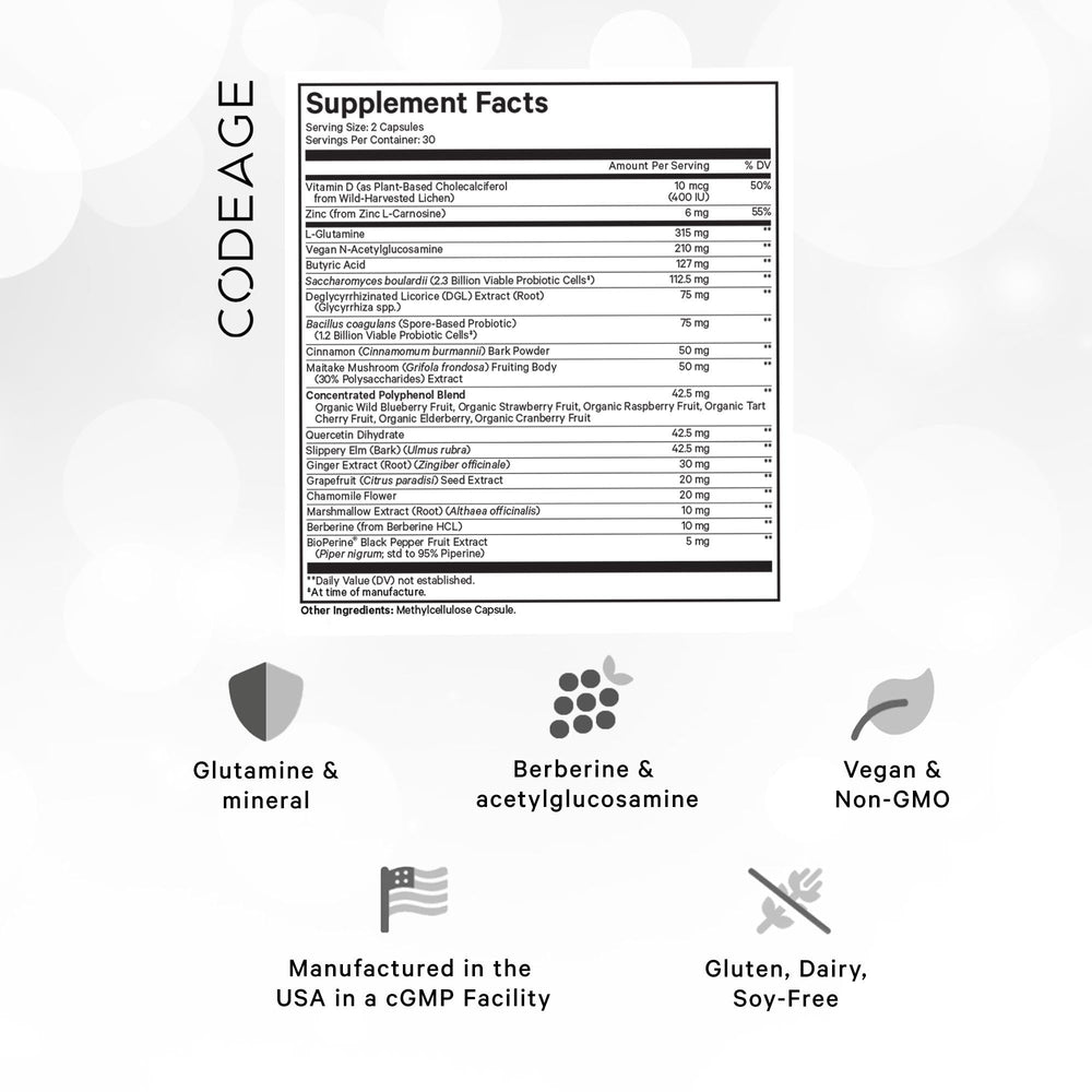 Codeage Leaky Gut capsules closeup showing vegan capsules for daily use.