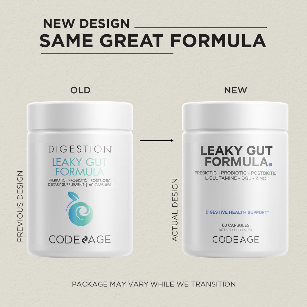Codeage Leaky Gut nutrients chart highlighting vitamins and minerals included.