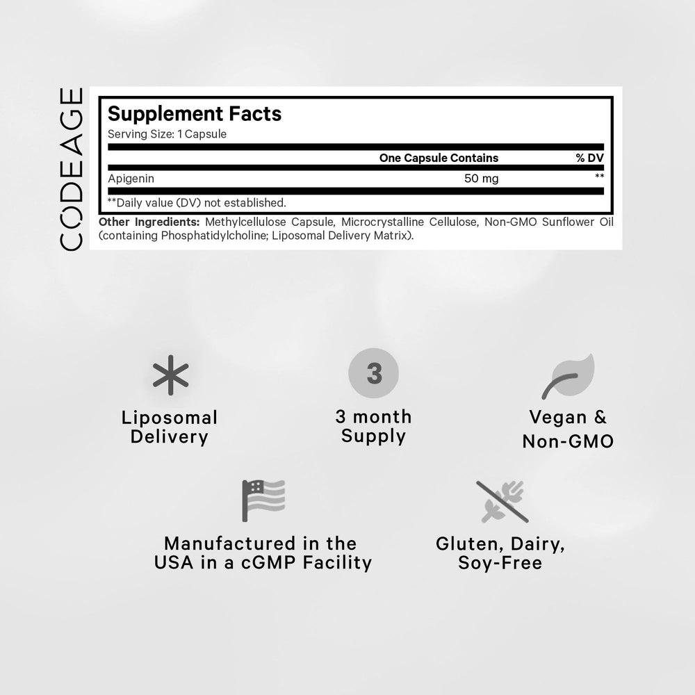 Close-up of Codeage Liposomal Apigenin capsules highlighting potency per serving