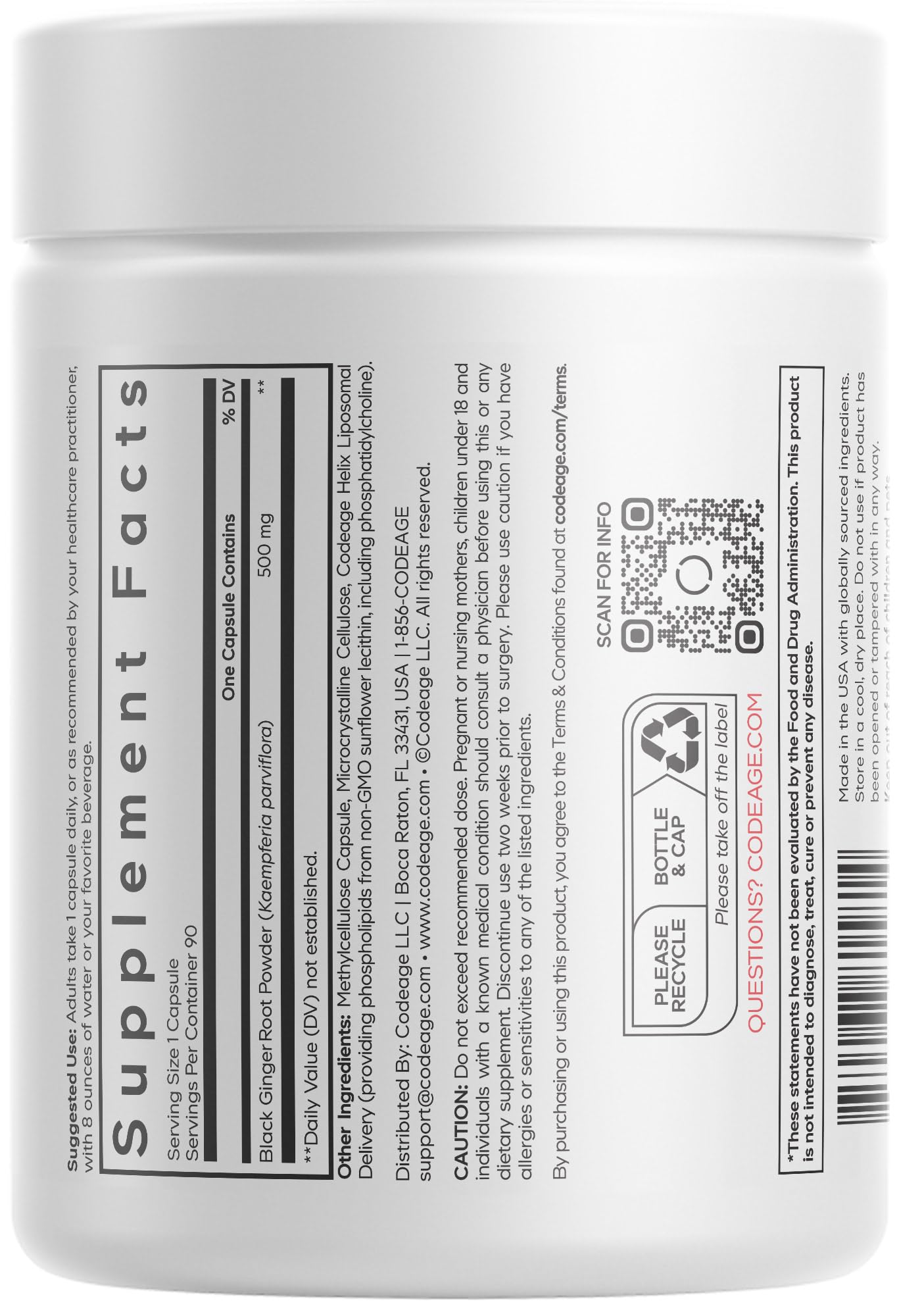 Codeage Liposomal Black Ginger capsules being poured, illustrating an easy one-capsule daily serving.