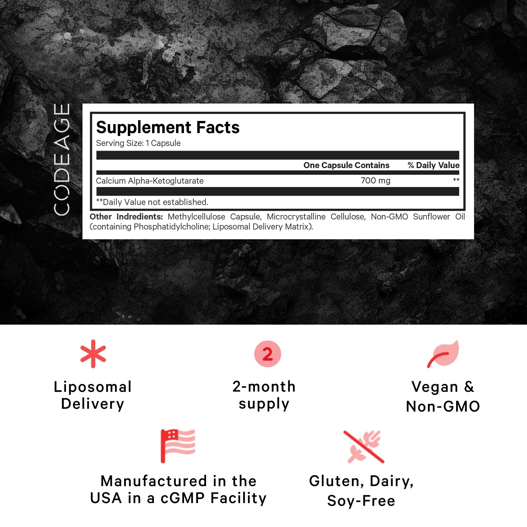 Codeage Liposomal Calcium AKG capsules closeup highlights capsule texture and convenient one-capsule-per-serving.