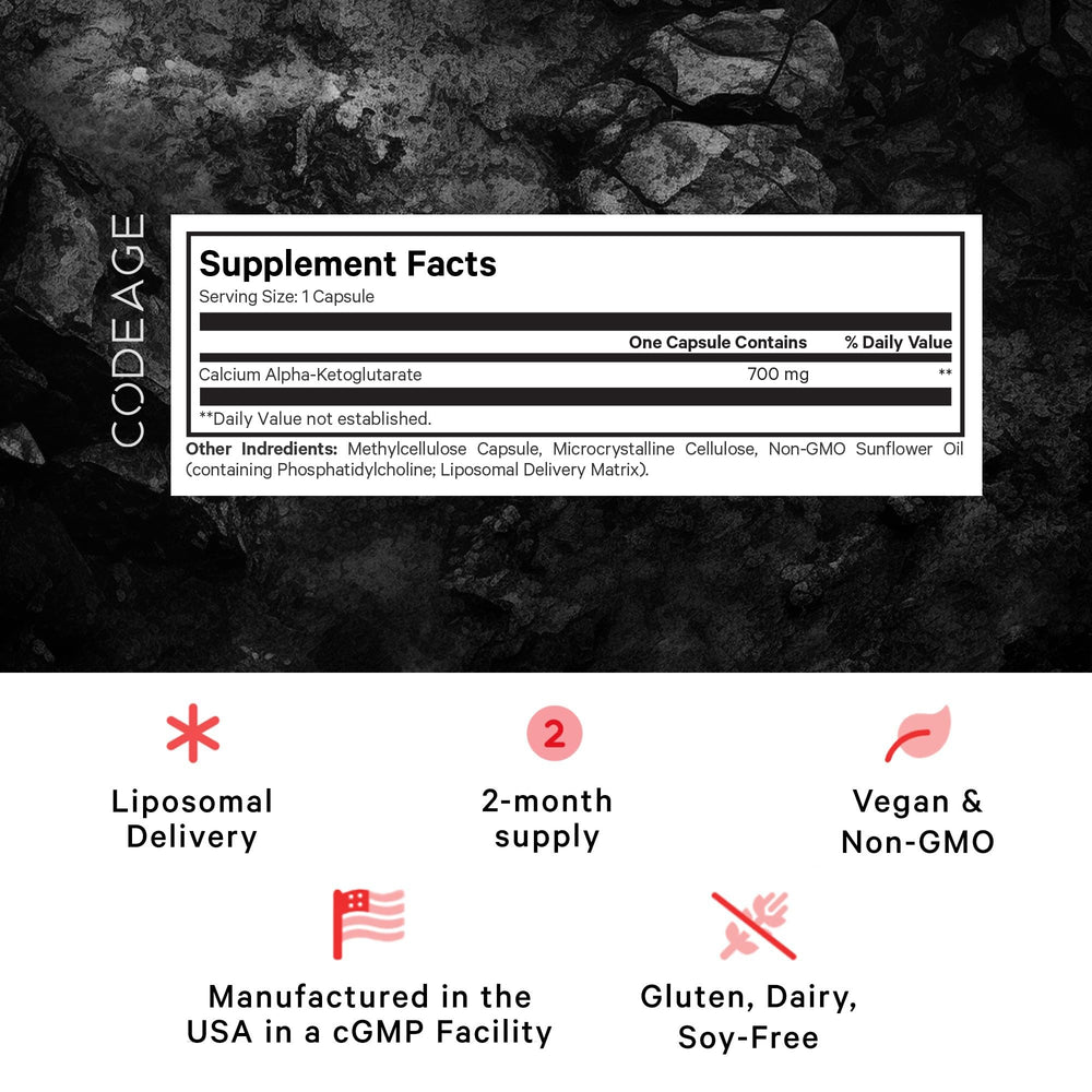 Codeage Liposomal Calcium AKG capsules closeup highlights capsule texture and convenient one-capsule-per-serving.