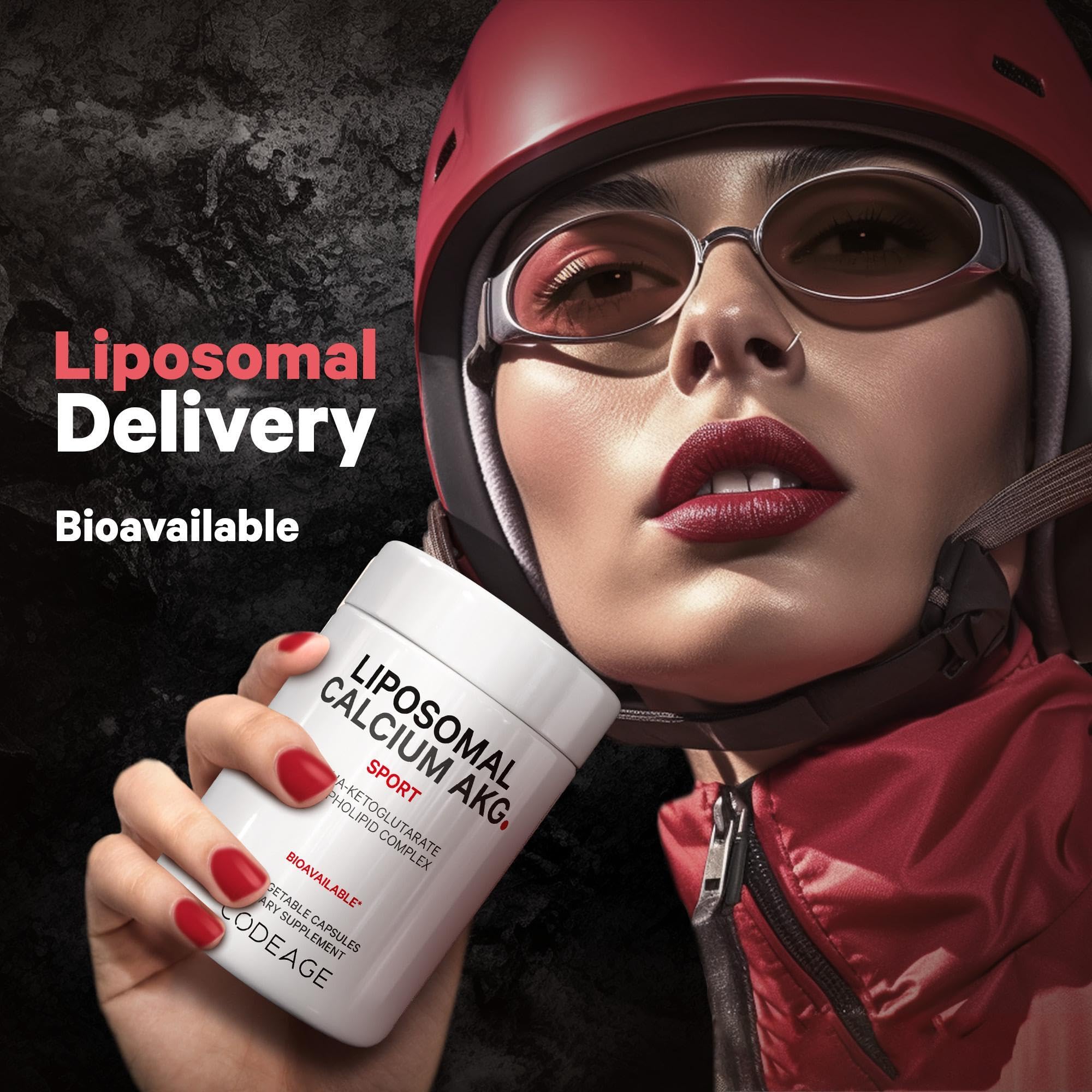 Codeage Liposomal Calcium AKG liposome technology illustration emphasizing modern delivery system.