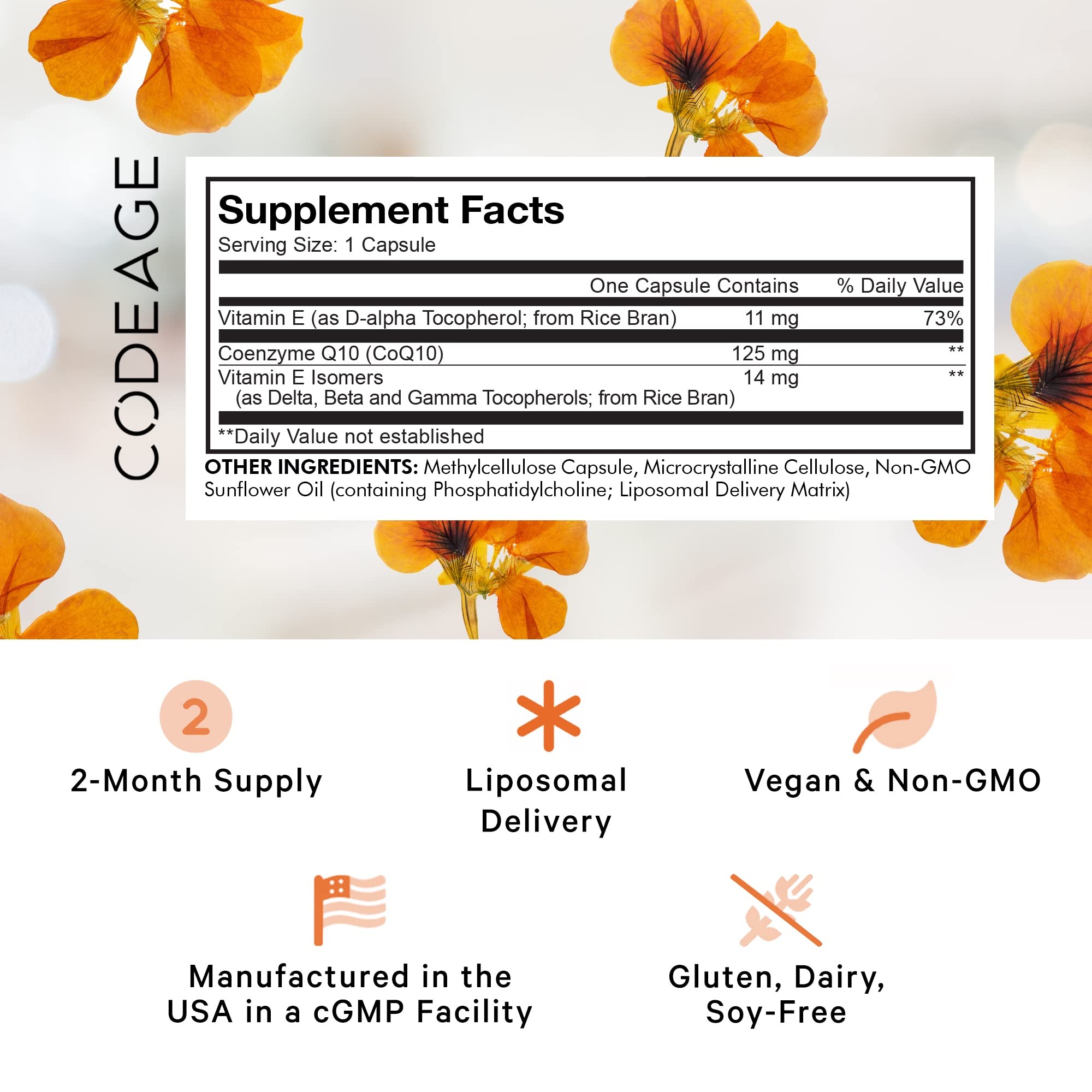 Codeage Liposomal CoQ10 bottle side label with ingredient details.