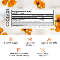 Codeage Liposomal CoQ10 bottle side label with ingredient details.