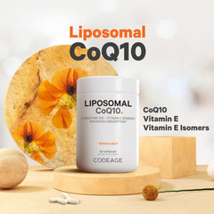 Codeage Liposomal CoQ10 capsules close-up ready for daily intake.