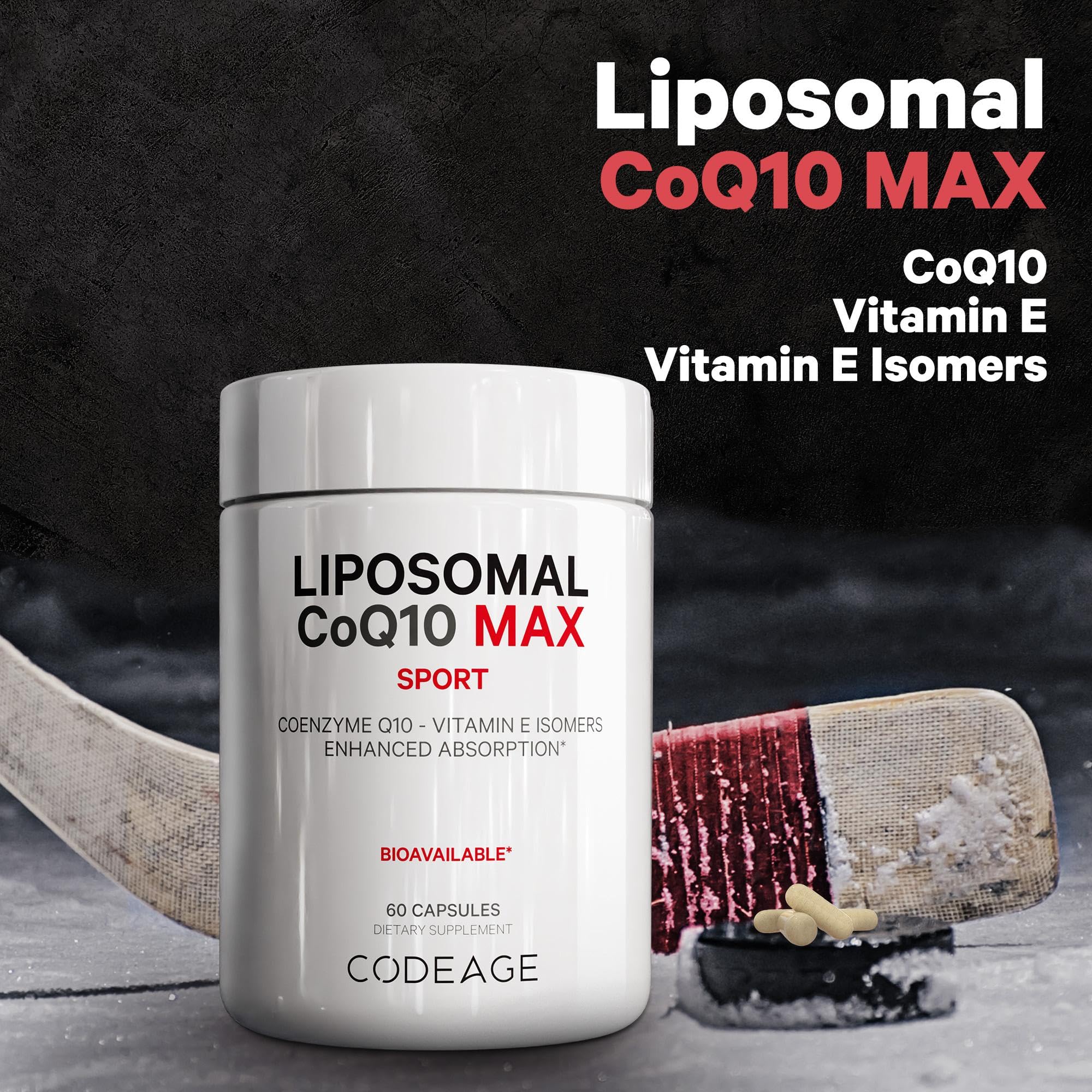 Codeage Liposomal CoQ10 Max bottle shows non-GMO and gluten-free claims.