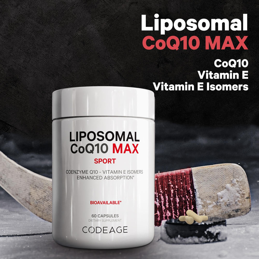 Codeage Liposomal CoQ10 Max bottle shows non-GMO and gluten-free claims.