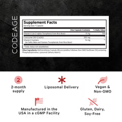Codeage Liposomal CoQ10 Max capsules close-up showing soft gels and purity.