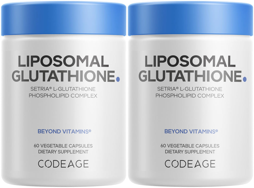 Codeage Liposomal Glutathione bottle front shows high-potency Setria L-Glutathione